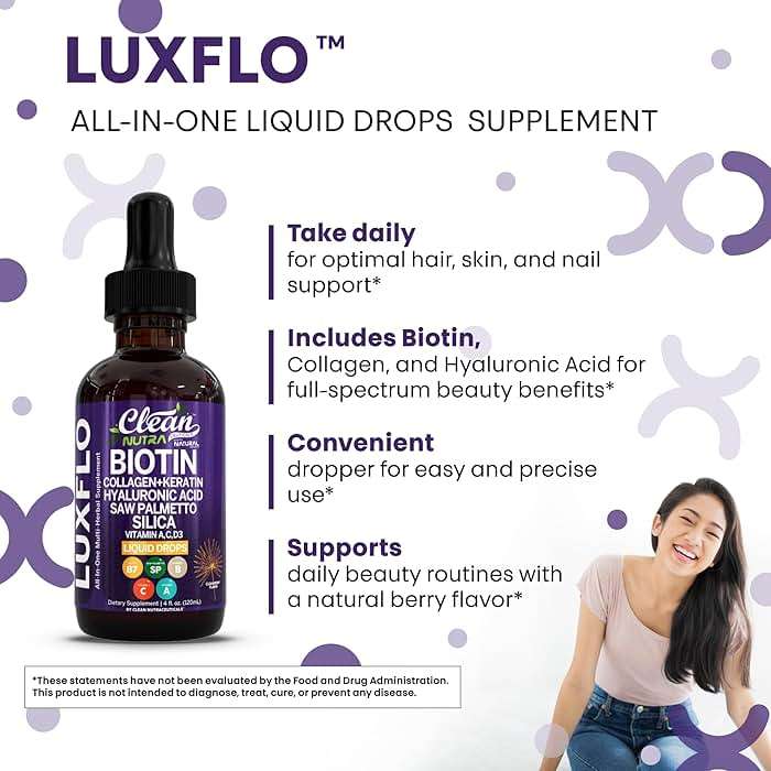 Liquid Biotin & Collagen Keratin Hyaluronic Acid Saw Palmetto Drops Vitamins for Hair Growth Support Silica Vitamin A C D Bamboo Turmeric Zinc Folate Magnesium Horsetail LuxFlo By Clean Nutra - Image 6