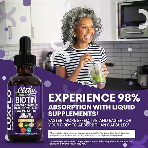 Liquid Biotin & Collagen Keratin Hyaluronic Acid Saw Palmetto Drops Vitamins for Hair Growth Support Silica Vitamin A C D Bamboo Turmeric Zinc Folate Magnesium Horsetail LuxFlo By Clean Nutra - Image 7