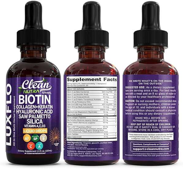 Liquid Biotin & Collagen Keratin Hyaluronic Acid Saw Palmetto Drops Vitamins for Hair Growth Support Silica Vitamin A C D Bamboo Turmeric Zinc Folate Magnesium Horsetail LuxFlo By Clean Nutra - Image 9