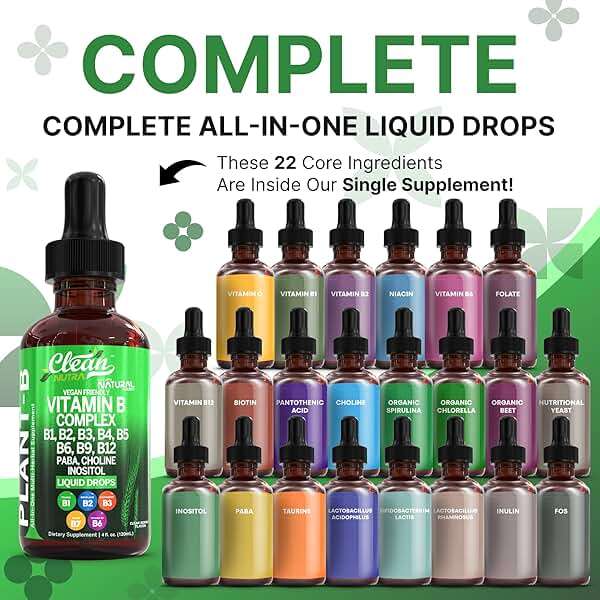 Vitamin B Complex Liquid Drops | Thiamine B1, B6, B2, B3, B4, B5, B7 B9, B12, Niacinamide, Paba, Choline Inositol Taurine Probiotics Beet Root Spirulina - Plant-B Vitamin Supplements by Clean Nutra - Image 2