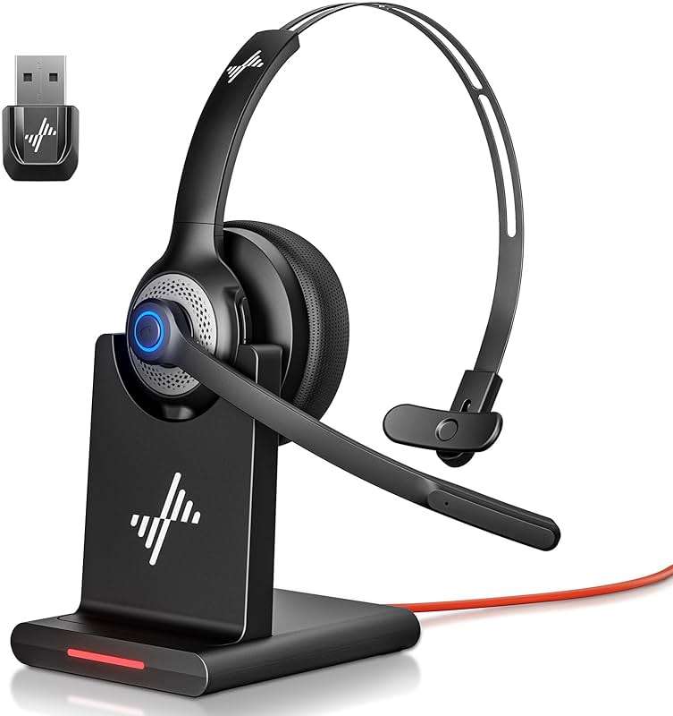 JIAMQISHI Bluetooth Headset - Wireless Headset with Noise Cancelling Microphone, V5.2 Computer Headphones with USB Dongle, Charging Base & Mic Mute for Work/Call Center/PC/Laptop/Online Class/Zoom - Image 1
