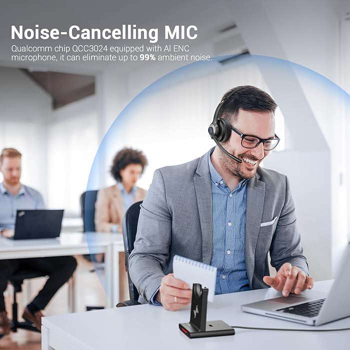 JIAMQISHI Bluetooth Headset - Wireless Headset with Noise Cancelling Microphone, V5.2 Computer Headphones with USB Dongle, Charging Base & Mic Mute for Work/Call Center/PC/Laptop/Online Class/Zoom - Image 2