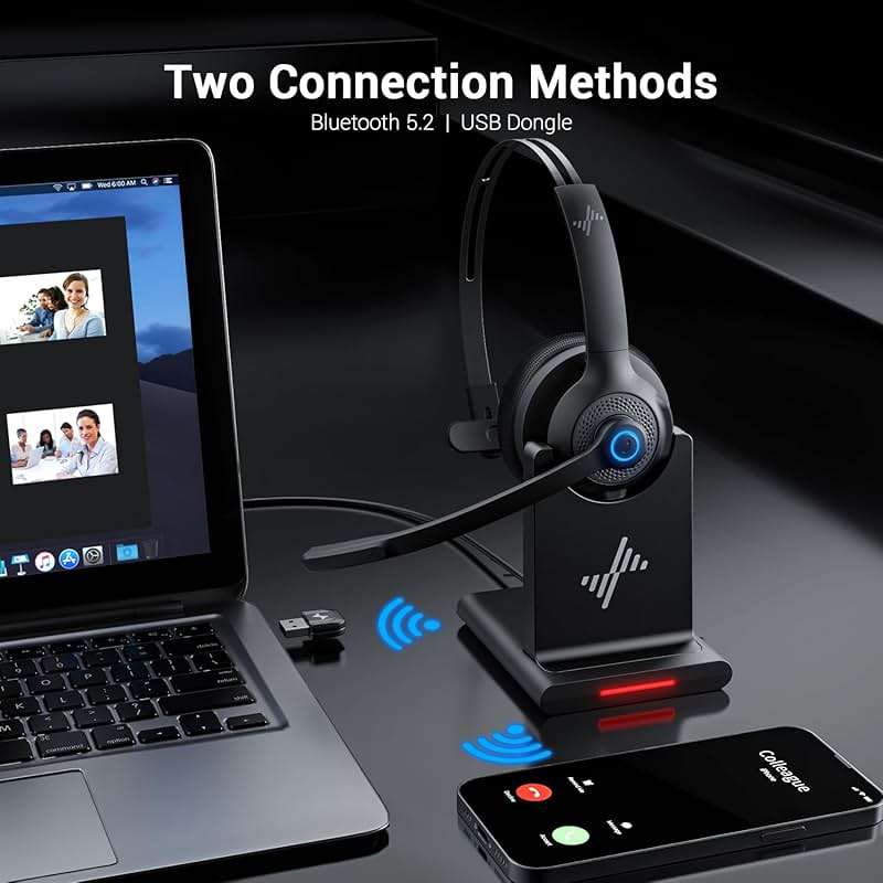 JIAMQISHI Bluetooth Headset - Wireless Headset with Noise Cancelling Microphone, V5.2 Computer Headphones with USB Dongle, Charging Base & Mic Mute for Work/Call Center/PC/Laptop/Online Class/Zoom - Image 3