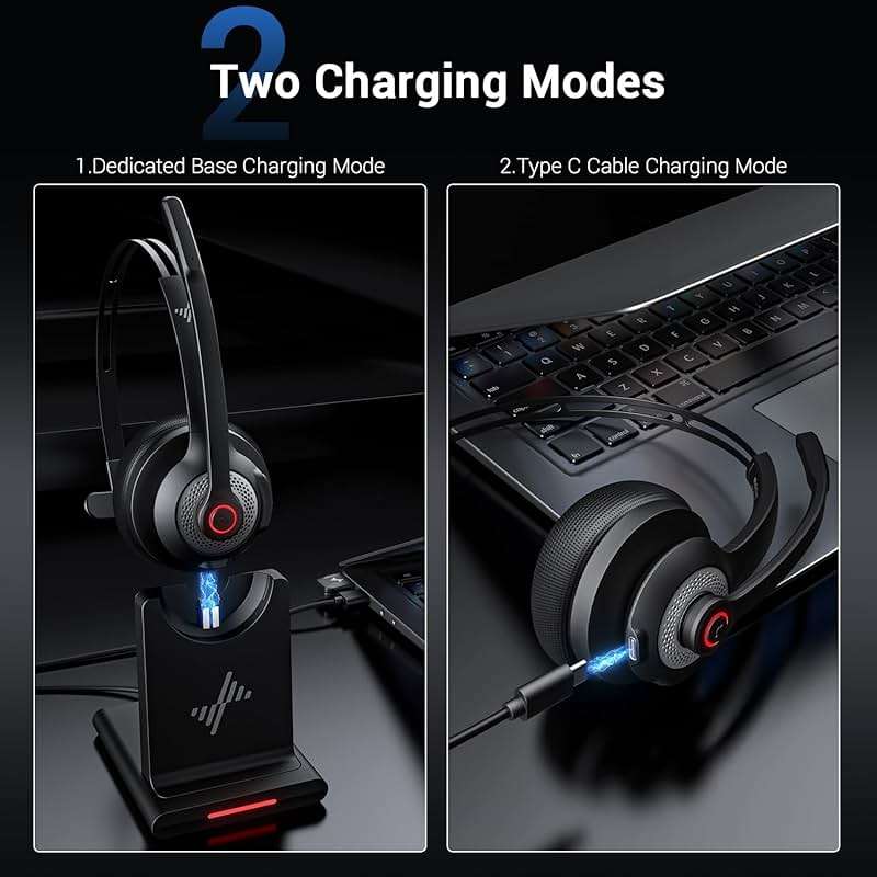 JIAMQISHI Bluetooth Headset - Wireless Headset with Noise Cancelling Microphone, V5.2 Computer Headphones with USB Dongle, Charging Base & Mic Mute for Work/Call Center/PC/Laptop/Online Class/Zoom - Image 4