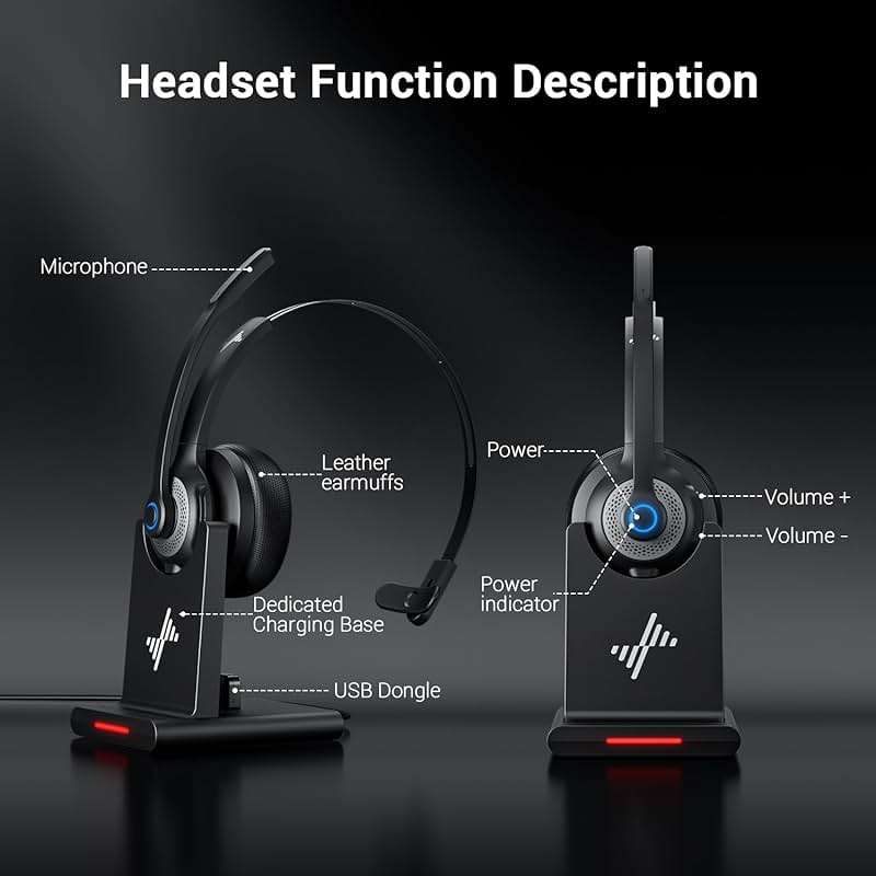 JIAMQISHI Bluetooth Headset - Wireless Headset with Noise Cancelling Microphone, V5.2 Computer Headphones with USB Dongle, Charging Base & Mic Mute for Work/Call Center/PC/Laptop/Online Class/Zoom - Image 6