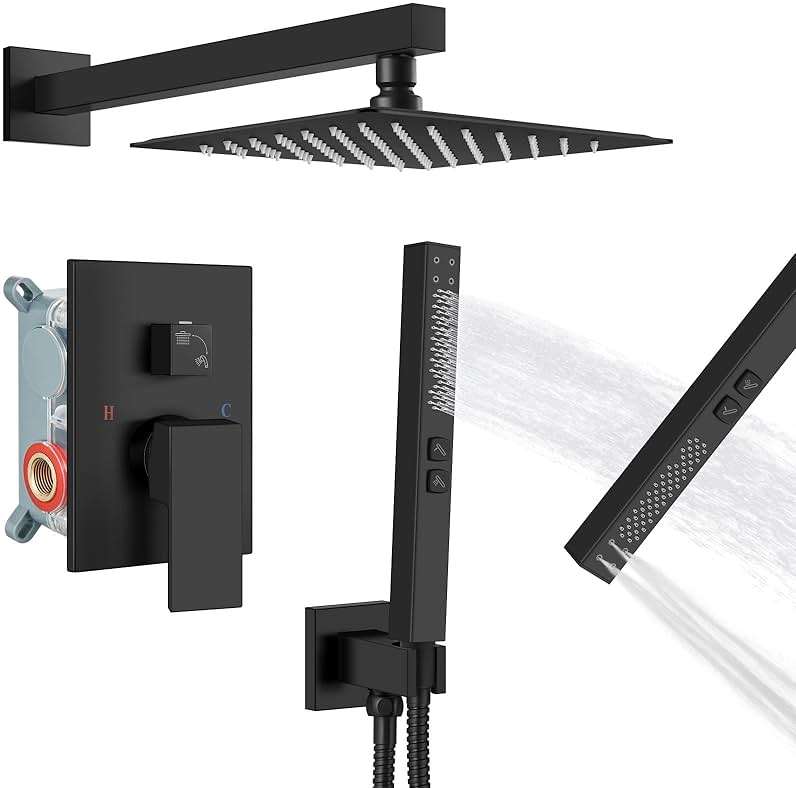 GBBNE Shower Faucet Set Rainfall Shower System with Square Showerhead and Handle Set Fixture with 2 in 1 Function Handheld Sprayer Wall Mounted Trim Repair Kit Rough-in Valve 8 Inch Matte Black - Image 1