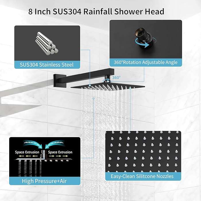 GBBNE Shower Faucet Set Rainfall Shower System with Square Showerhead and Handle Set Fixture with 2 in 1 Function Handheld Sprayer Wall Mounted Trim Repair Kit Rough-in Valve 8 Inch Matte Black - Image 4
