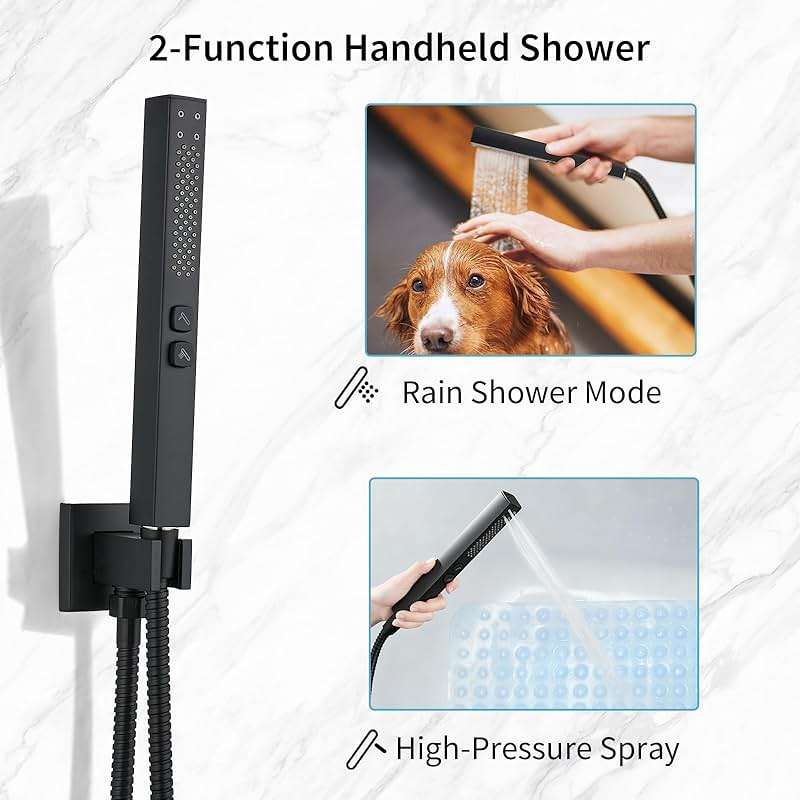 GBBNE Shower Faucet Set Rainfall Shower System with Square Showerhead and Handle Set Fixture with 2 in 1 Function Handheld Sprayer Wall Mounted Trim Repair Kit Rough-in Valve 8 Inch Matte Black - Image 5