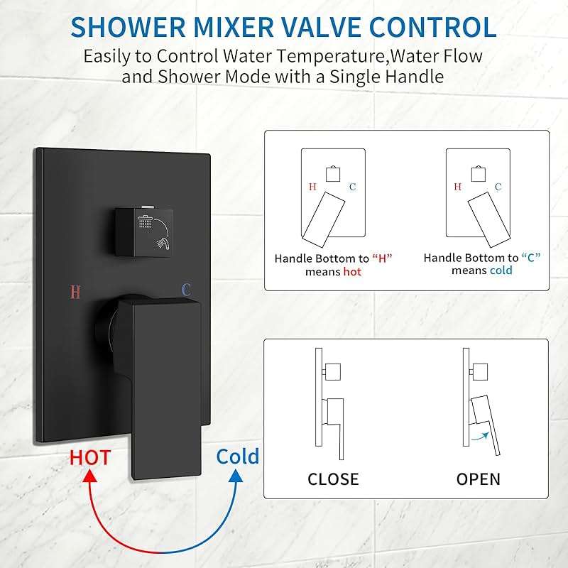 GBBNE Shower Faucet Set Rainfall Shower System with Square Showerhead and Handle Set Fixture with 2 in 1 Function Handheld Sprayer Wall Mounted Trim Repair Kit Rough-in Valve 8 Inch Matte Black - Image 7