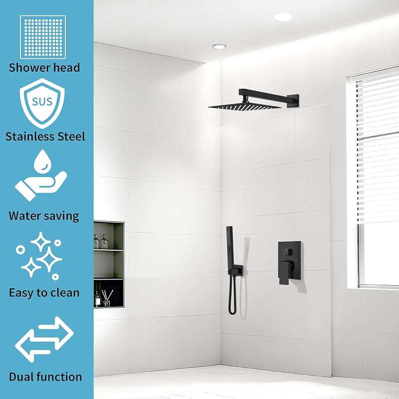 GBBNE Shower Faucet Set Rainfall Shower System with Square Showerhead and Handle Set Fixture with 2 in 1 Function Handheld Sprayer Wall Mounted Trim Repair Kit Rough-in Valve 8 Inch Matte Black - Image 8
