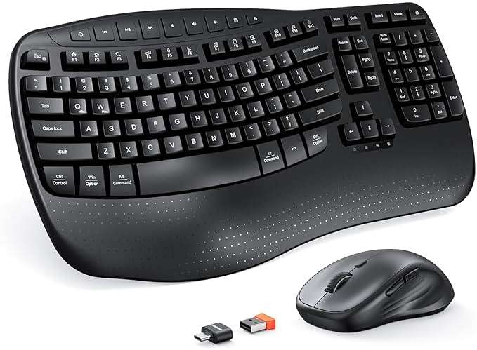 MEETION Ergonomic Keyboard and Mouse Wireless Combo, Wave Keys Natural Typing, 2.4G USB Receiver Wireless Keyboard with Wrist Rest, 4 Adjustable DPI Optical Mouse, Computer/Laptop/Windows/Mac, Black - Image 1