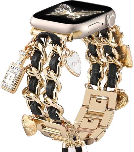 Stylish Metal Band Compatible with Apple Watch Bands for Women 40mm 38mm 41mm 44mm 42mm 45mm 46mm,Pretty Chain Strap with Apple Watch Accessories Charms for iWatch Series 11 10 9 8 7 6 5 4 3 2 1 SE - Image 1