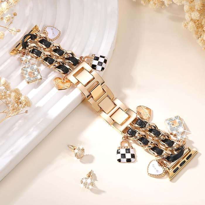 Stylish Metal Band Compatible with Apple Watch Bands for Women 40mm 38mm 41mm 44mm 42mm 45mm 46mm,Pretty Chain Strap with Apple Watch Accessories Charms for iWatch Series 11 10 9 8 7 6 5 4 3 2 1 SE - Image 2