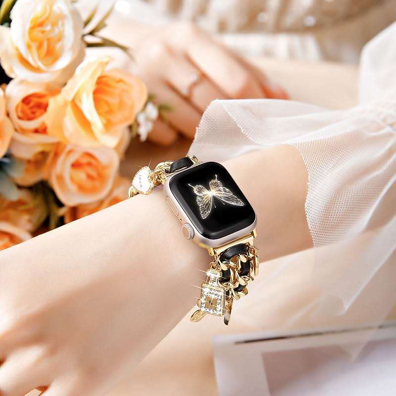 Stylish Metal Band Compatible with Apple Watch Bands for Women 40mm 38mm 41mm 44mm 42mm 45mm 46mm,Pretty Chain Strap with Apple Watch Accessories Charms for iWatch Series 11 10 9 8 7 6 5 4 3 2 1 SE - Image 3