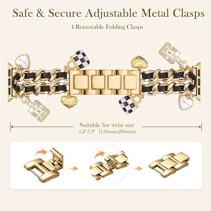 Stylish Metal Band Compatible with Apple Watch Bands for Women 40mm 38mm 41mm 44mm 42mm 45mm 46mm,Pretty Chain Strap with Apple Watch Accessories Charms for iWatch Series 11 10 9 8 7 6 5 4 3 2 1 SE - Image 5