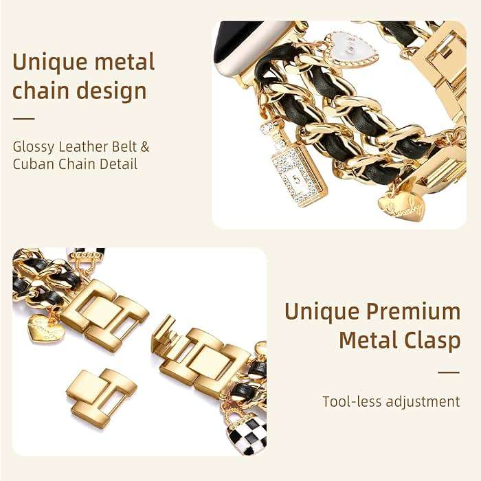 Stylish Metal Band Compatible with Apple Watch Bands for Women 40mm 38mm 41mm 44mm 42mm 45mm 46mm,Pretty Chain Strap with Apple Watch Accessories Charms for iWatch Series 11 10 9 8 7 6 5 4 3 2 1 SE - Image 6