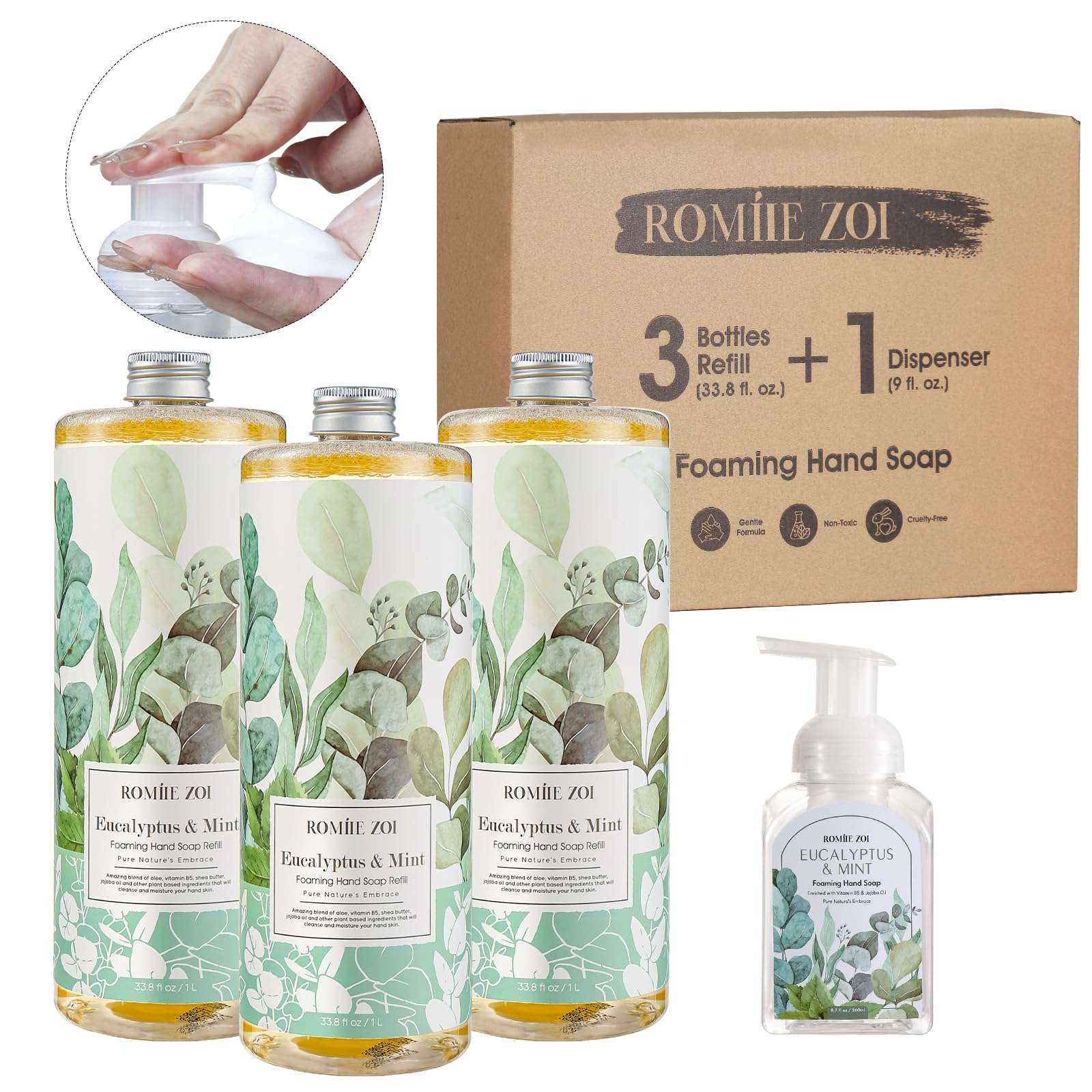 ROMIIE ZOI Eucalyptus & Mint Foaming Hand Soap Refills with Reusable Pump Dispenser - Natural & Cruelty-Free, Gentle & Moisturizing - Large Bottle Bulk for Home & Kitchen-1L/33.8oz (Pack of 3) - Image 1