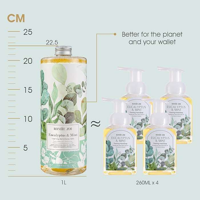 ROMIIE ZOI Eucalyptus & Mint Foaming Hand Soap Refills with Reusable Pump Dispenser - Natural & Cruelty-Free, Gentle & Moisturizing - Large Bottle Bulk for Home & Kitchen-1L/33.8oz (Pack of 3) - Image 2