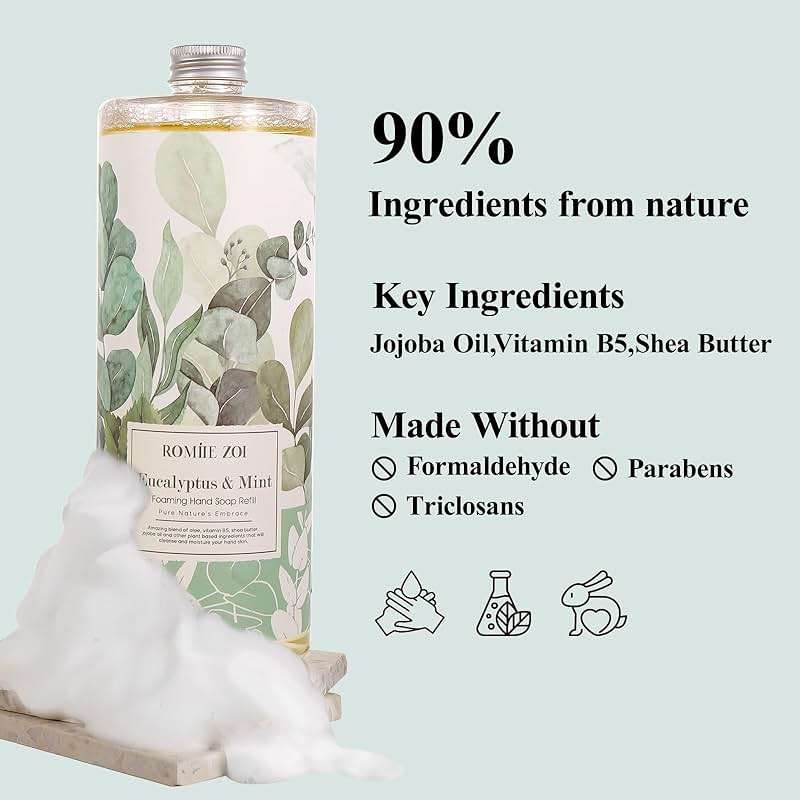 ROMIIE ZOI Eucalyptus & Mint Foaming Hand Soap Refills with Reusable Pump Dispenser - Natural & Cruelty-Free, Gentle & Moisturizing - Large Bottle Bulk for Home & Kitchen-1L/33.8oz (Pack of 3) - Image 6