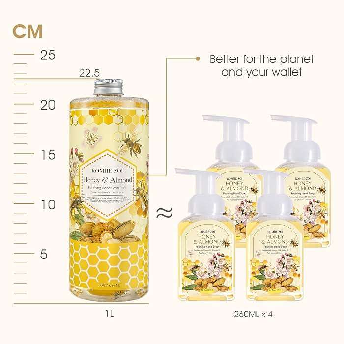 ROMIIE ZOI Foaming Hand Soap Refill- Natural Honey & Almond Fragrance Gentle & Moisturizing Formula Hand Soap Refills with Dispenser for Home & Kitchen, 1 L/ 33.8 FL OZ pack of 3 - Image 2