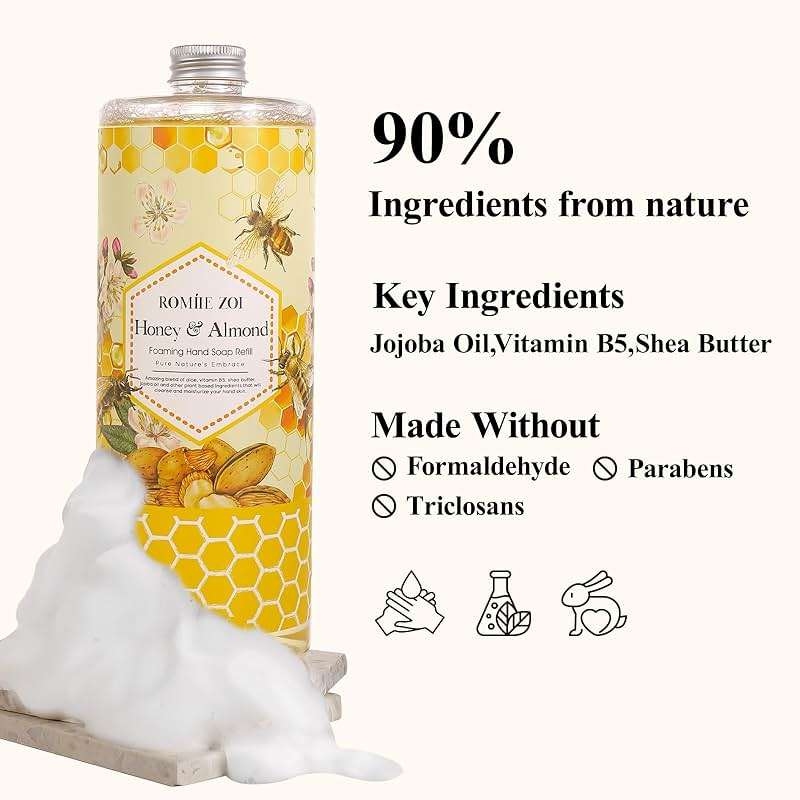 ROMIIE ZOI Foaming Hand Soap Refill- Natural Honey & Almond Fragrance Gentle & Moisturizing Formula Hand Soap Refills with Dispenser for Home & Kitchen, 1 L/ 33.8 FL OZ pack of 3 - Image 6