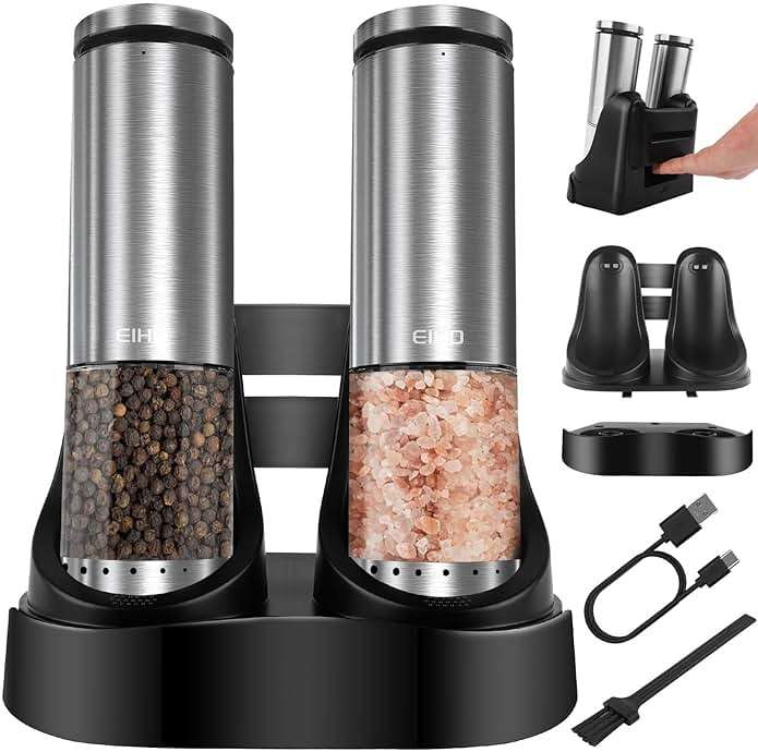 EIHO Electric Salt and Pepper Grinder Set USB Rechargeable, Upgraded External Adjustable Coarseness, Stainless Steel Automatic Salt and Pepper Shakers Mills with LED Light, House Warming Cooking Gifts - Image 1