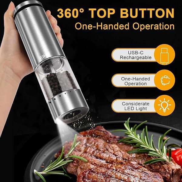 EIHO Electric Salt and Pepper Grinder Set USB Rechargeable, Upgraded External Adjustable Coarseness, Stainless Steel Automatic Salt and Pepper Shakers Mills with LED Light, House Warming Cooking Gifts - Image 3
