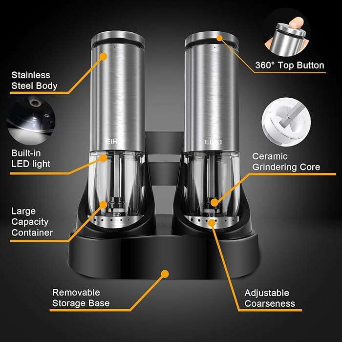 EIHO Electric Salt and Pepper Grinder Set USB Rechargeable, Upgraded External Adjustable Coarseness, Stainless Steel Automatic Salt and Pepper Shakers Mills with LED Light, House Warming Cooking Gifts - Image 6
