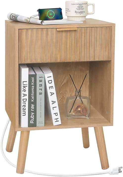 Fultyle Wood Nightstand with Charging Station, Bedside Table with Fluted Drawers and Outlet, Boho Night Stand for Bedroom, Living Room, Office (Rustic Walnut) - Image 1