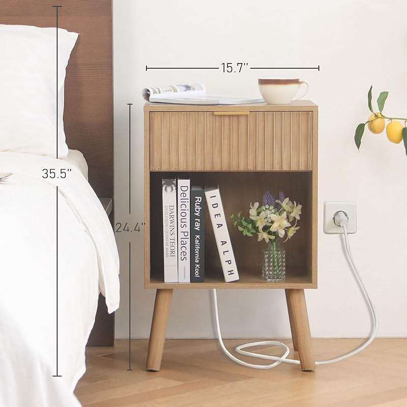 Fultyle Wood Nightstand with Charging Station, Bedside Table with Fluted Drawers and Outlet, Boho Night Stand for Bedroom, Living Room, Office (Rustic Walnut) - Image 2