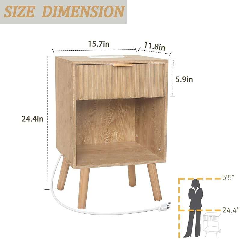Fultyle Wood Nightstand with Charging Station, Bedside Table with Fluted Drawers and Outlet, Boho Night Stand for Bedroom, Living Room, Office (Rustic Walnut) - Image 3