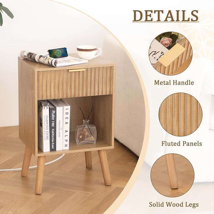 Fultyle Wood Nightstand with Charging Station, Bedside Table with Fluted Drawers and Outlet, Boho Night Stand for Bedroom, Living Room, Office (Rustic Walnut) - Image 4