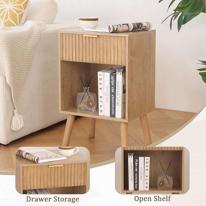 Fultyle Wood Nightstand with Charging Station, Bedside Table with Fluted Drawers and Outlet, Boho Night Stand for Bedroom, Living Room, Office (Rustic Walnut) - Image 6