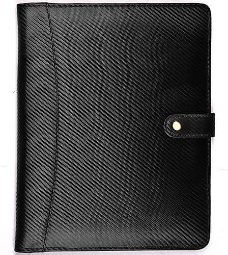 LEATHER VILLAGE Portfolio Professional Organizer – Carbon Fiber Genuine Leather Padfolio Resume Folder for A4 Letter Pad with Pen Holder, Business Card Slots – Ideal for Men & Women - Black - Image 1