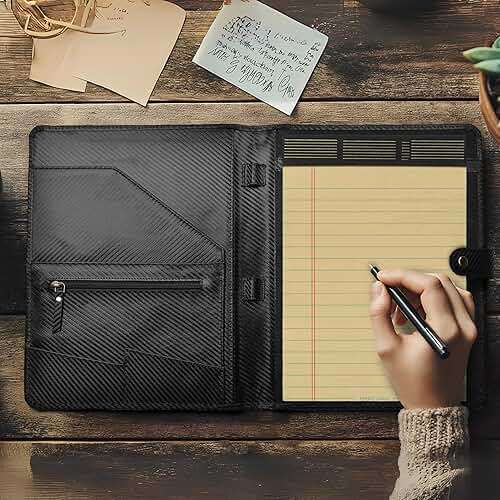 LEATHER VILLAGE Portfolio Professional Organizer – Carbon Fiber Genuine Leather Padfolio Resume Folder for A4 Letter Pad with Pen Holder, Business Card Slots – Ideal for Men & Women - Black - Image 2