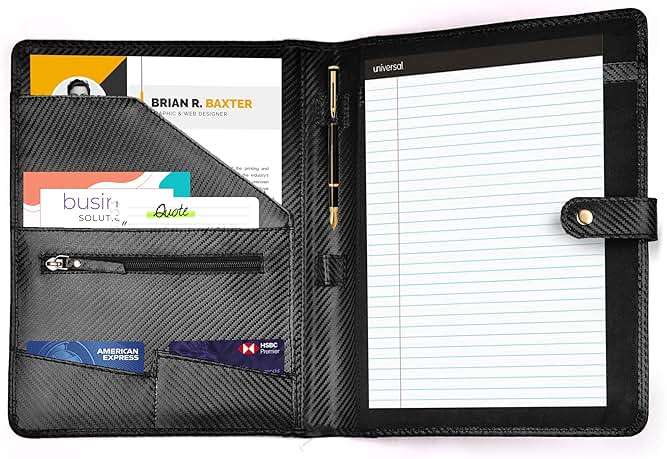 LEATHER VILLAGE Portfolio Professional Organizer – Carbon Fiber Genuine Leather Padfolio Resume Folder for A4 Letter Pad with Pen Holder, Business Card Slots – Ideal for Men & Women - Black - Image 3