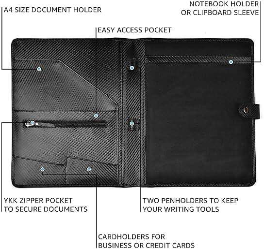 LEATHER VILLAGE Portfolio Professional Organizer – Carbon Fiber Genuine Leather Padfolio Resume Folder for A4 Letter Pad with Pen Holder, Business Card Slots – Ideal for Men & Women - Black - Image 4