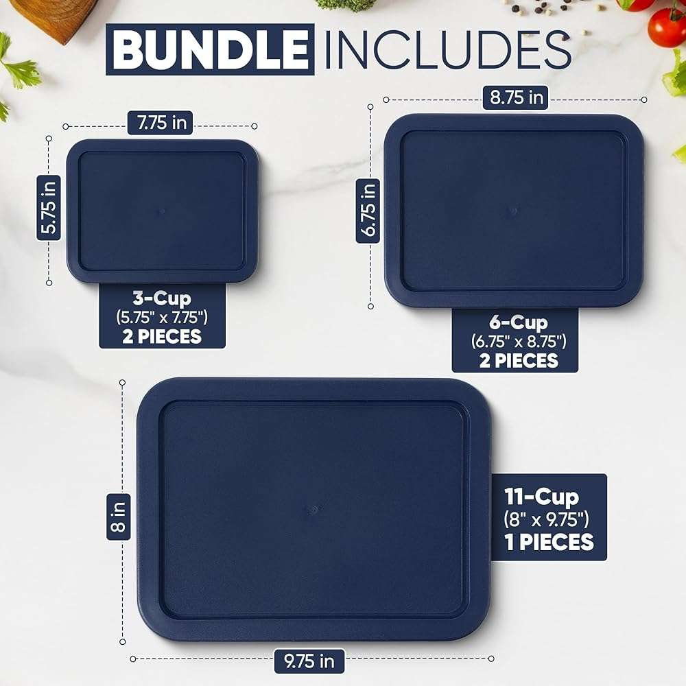 Replacement Rectangular Lids for Pyrex Glass Food Storage Containers (2) 3-Cup (2) 6-Cup (1) 11-Cup (Navy) - Image 2