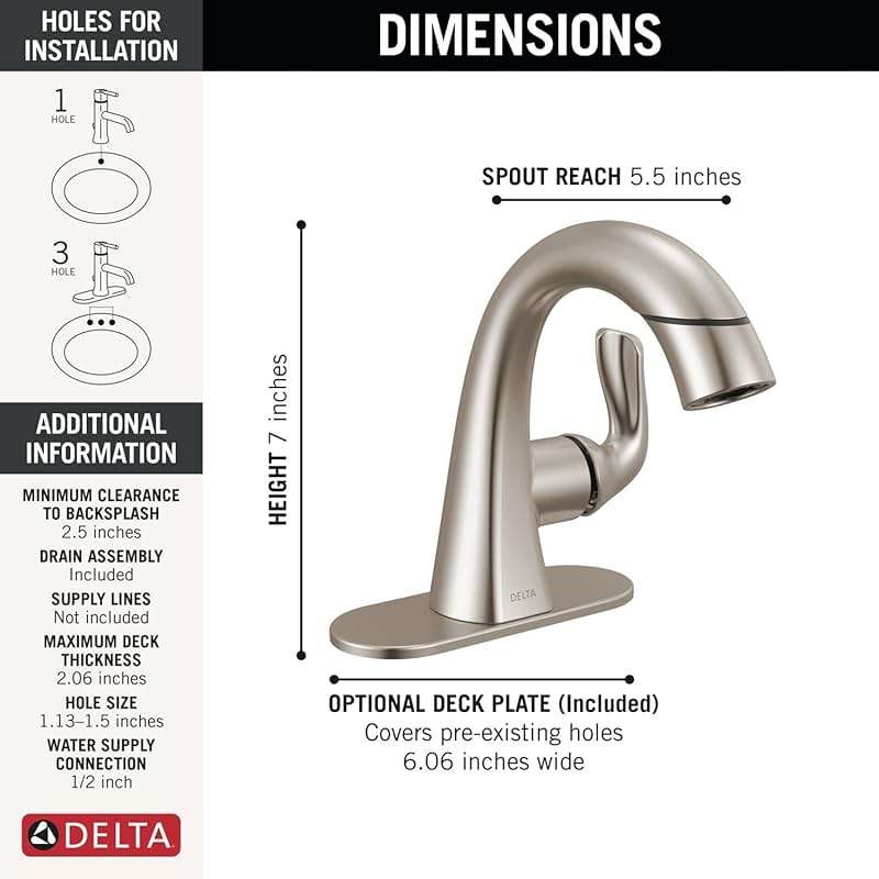Delta Arvo 1 Hole Pull Down Bathroom Faucet with Sprayer, Brushed Nickel Single Hole Bathroom Sink Faucet with Pull Out Sprayer for Vanity, Push-Pop Drain, SpotShield Stainless 15840LF-SPPD - Image 3