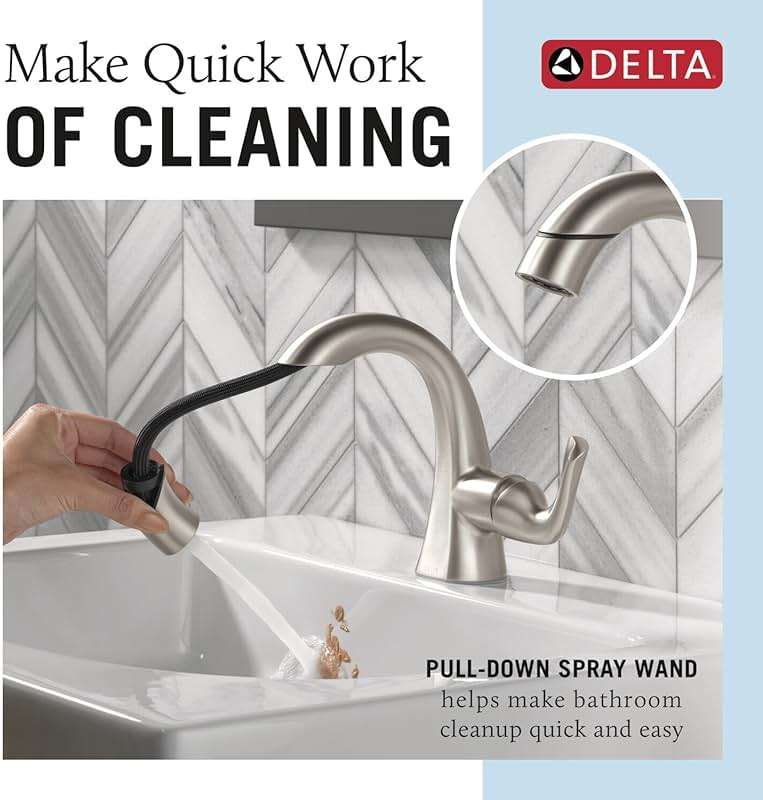 Delta Arvo 1 Hole Pull Down Bathroom Faucet with Sprayer, Brushed Nickel Single Hole Bathroom Sink Faucet with Pull Out Sprayer for Vanity, Push-Pop Drain, SpotShield Stainless 15840LF-SPPD - Image 4