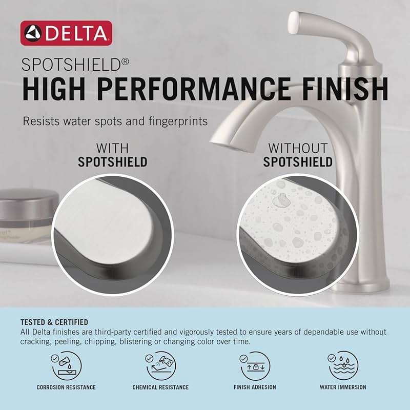 Delta Arvo 1 Hole Pull Down Bathroom Faucet with Sprayer, Brushed Nickel Single Hole Bathroom Sink Faucet with Pull Out Sprayer for Vanity, Push-Pop Drain, SpotShield Stainless 15840LF-SPPD - Image 7