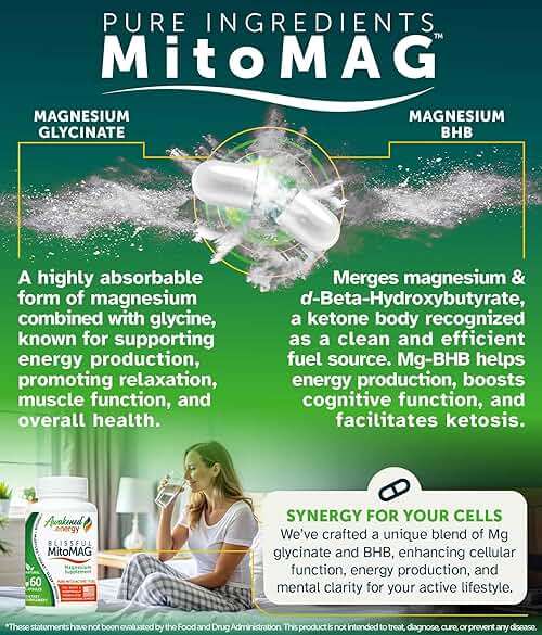 Blissful MitoMag – 300mg Elemental Magnesium Complex: Mg Glycinate, Mg BHB - Sleep Muscles Mood Energy Cognitive Focus Calm – All Natural, USA Made, No Additives – 60 Vegan Capsules Supplement - Image 4