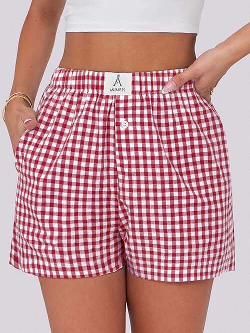 ANRABESS Boxer Shorts for Women Gingham Pajama 2026 Summer Casual Lounge Sleep Plaid Shorts Y2K Beach Bottoms - Image 5