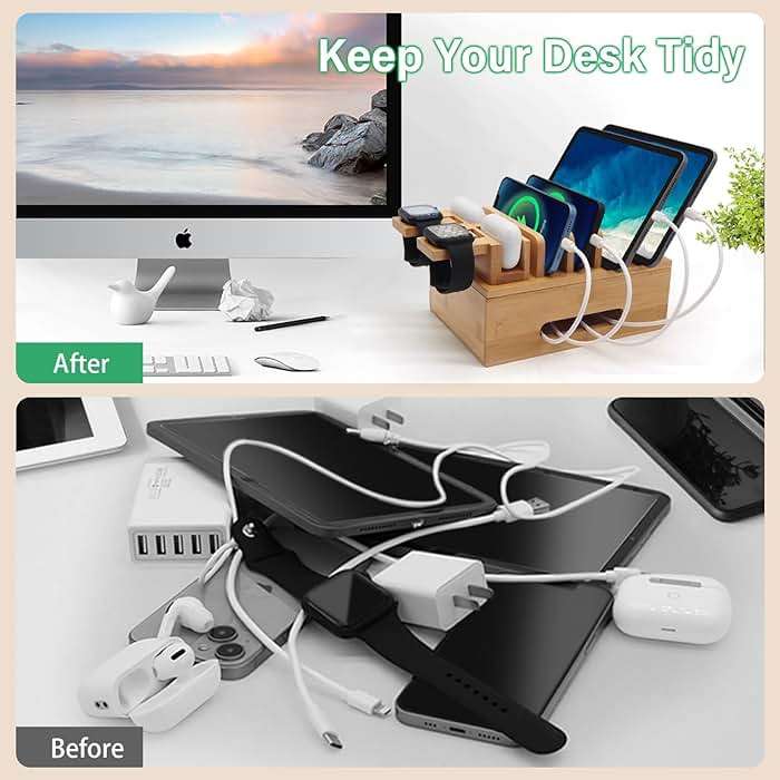 Bamboo Charging Station for Multiple Devices, Multi-Port USB Charger Organizer Stand for Phone, Earphone, Smart Watch, Desktop Cord Storage Holder for Home Office - Image 3