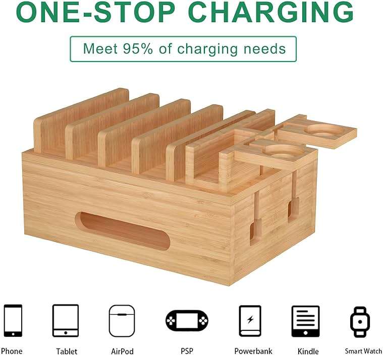 Bamboo Charging Station for Multiple Devices, Multi-Port USB Charger Organizer Stand for Phone, Earphone, Smart Watch, Desktop Cord Storage Holder for Home Office - Image 4