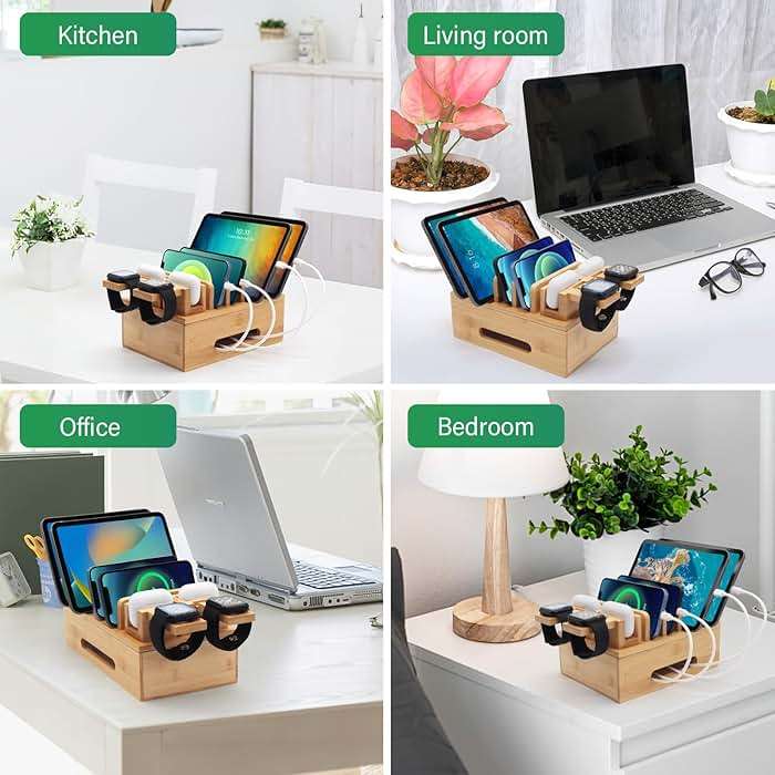 Bamboo Charging Station for Multiple Devices, Multi-Port USB Charger Organizer Stand for Phone, Earphone, Smart Watch, Desktop Cord Storage Holder for Home Office - Image 6