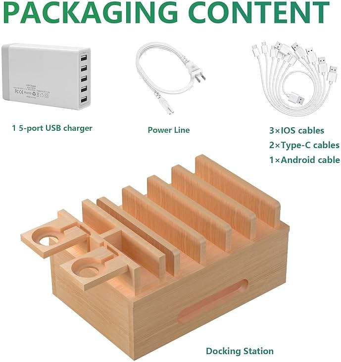 Bamboo Charging Station for Multiple Devices, Multi-Port USB Charger Organizer Stand for Phone, Earphone, Smart Watch, Desktop Cord Storage Holder for Home Office - Image 7