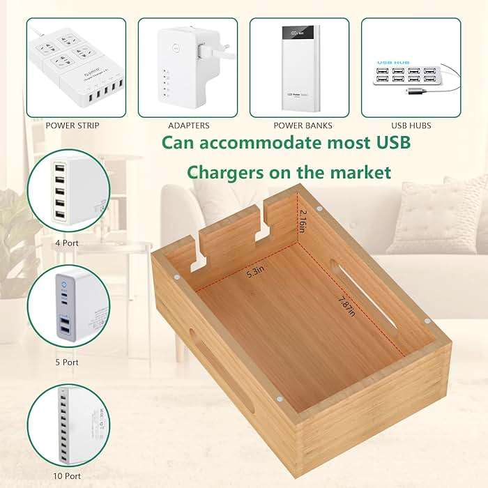 Bamboo Charging Station for Multiple Devices, Multi-Port USB Charger Organizer Stand for Phone, Earphone, Smart Watch, Desktop Cord Storage Holder for Home Office - Image 8