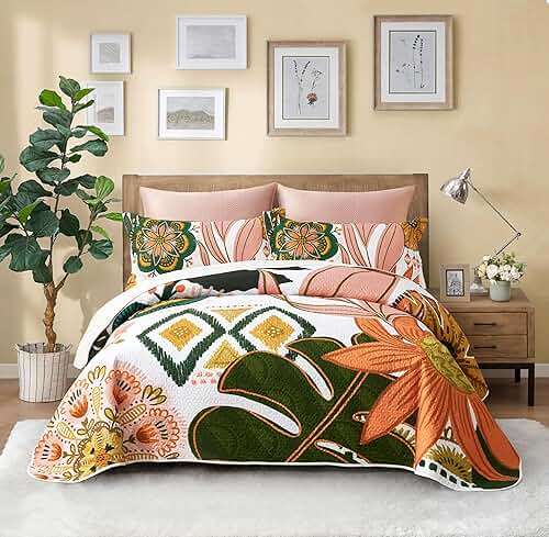 Tyrot 3 Piece Boho Floral Californial King Size Quilt Sets Farmhouse Reversible Lightweight Bedspread Coverlet with 2 Shams Mid Century Leaves Microfiber Bedding Quilts Set for All Season, 118''x106'' - Image 1