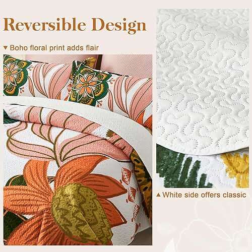 Tyrot 3 Piece Boho Floral Californial King Size Quilt Sets Farmhouse Reversible Lightweight Bedspread Coverlet with 2 Shams Mid Century Leaves Microfiber Bedding Quilts Set for All Season, 118''x106'' - Image 3
